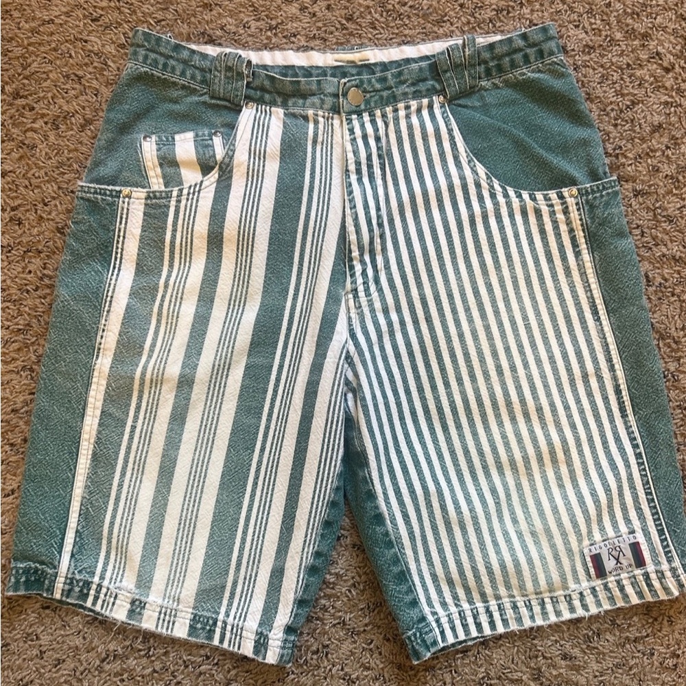 90s Vintage Streetwear Green and White Striped Rigolletto ‘Word Up’ Denim Shorts